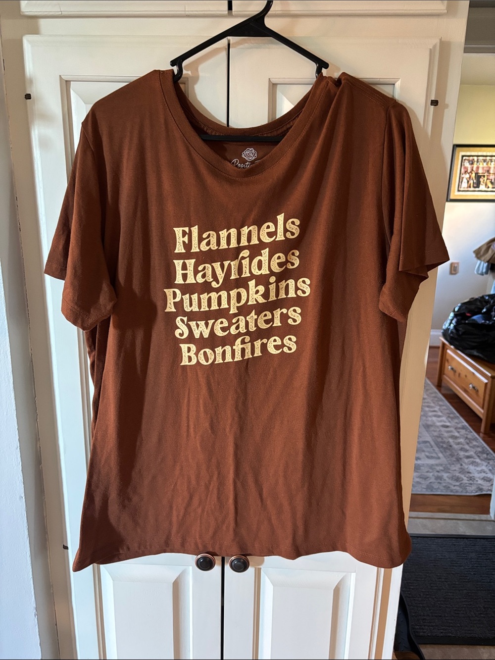 Cozy Fall Graphic Tee - Brown "Flannels Hayrides Pumpkins"